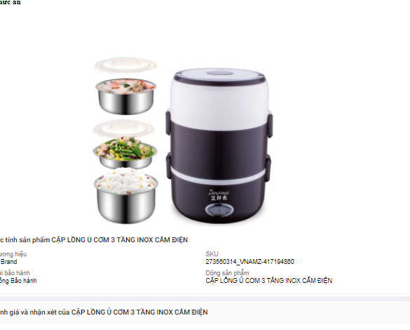 Cặp lồng ủ cơm 3 tầng inox cắm điện