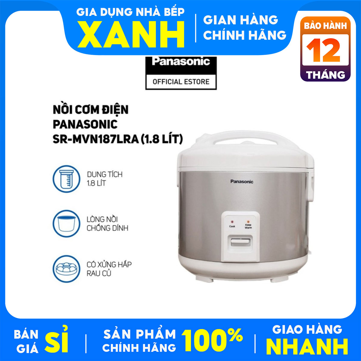 Nồi cơm điện Panasonic 1.8 lít SR-MVN187LRA-1.8 lít SR-MVN187HRA hàng trưng bày, sử dụng 4-6 người ăn, Lòng nồi chống dính,Công nghệ nấu:2D