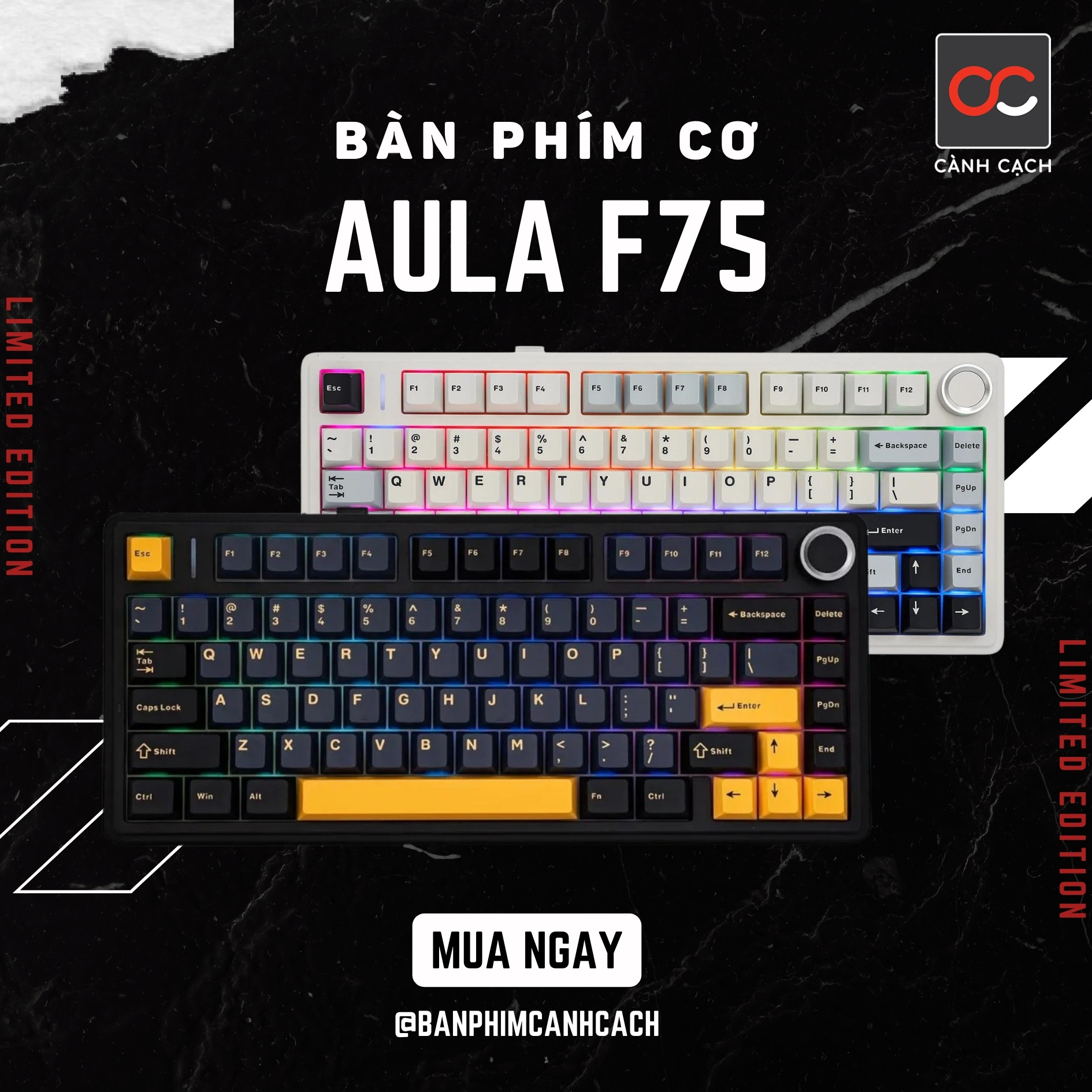 Bàn phím cơ aula f75 mạch xuôi led rgb - núm xoay kim loại