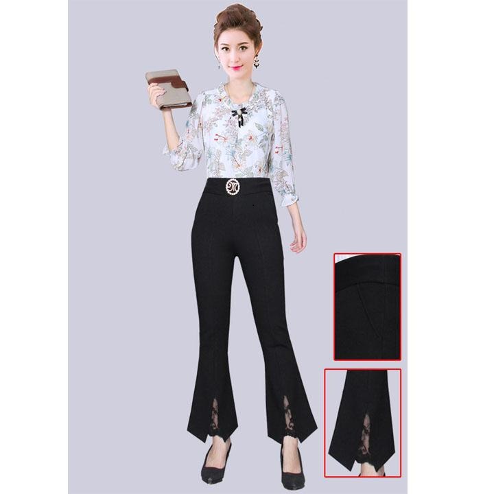 [HCM]Quần thun ống loe lưng cao xẻ lai phối ren