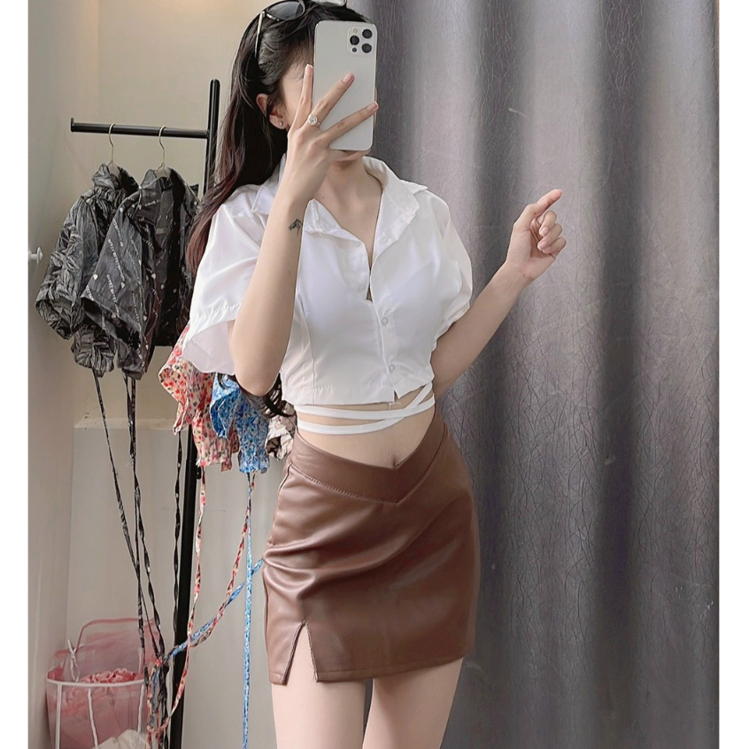 Diva beveda áo sơ mi nữ dáng croptop tay ngắn cột dây eo cá tính