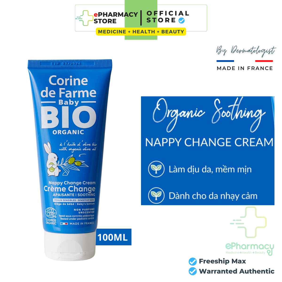 Kem Giảm Hăm Tã Cho Bé Corine De Farme Nappy Change Cream - Certifiee Bio làm mềm vùng mông bé 100ml