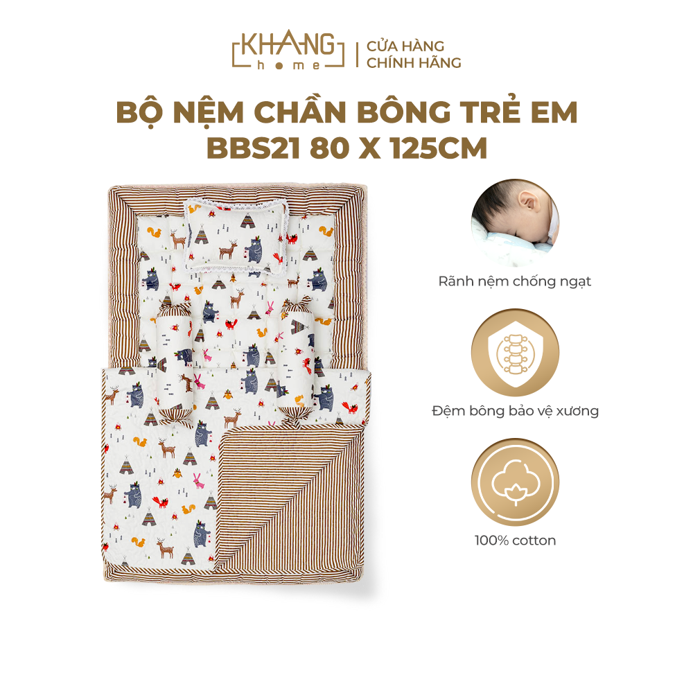 Bộ Nệm Chần Bông Sơ Sinh Khang Home Baby Safety 80x125cm BBS21 - 100% Cotton Thiên Nhiên  - Giúp Bé Ngủ Thẳng Lưng Không Cong Vẹo Cột Sống