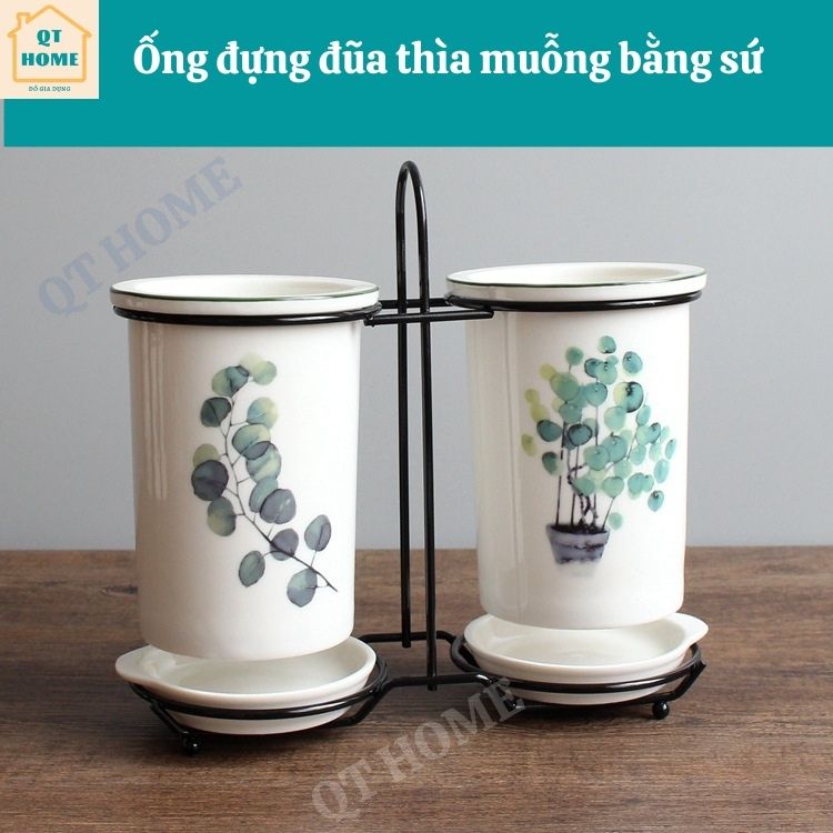 Bộ ống đựng đũa thìa muỗng bằng sứ cao cấp họa tiết lá cây nhiệt đới