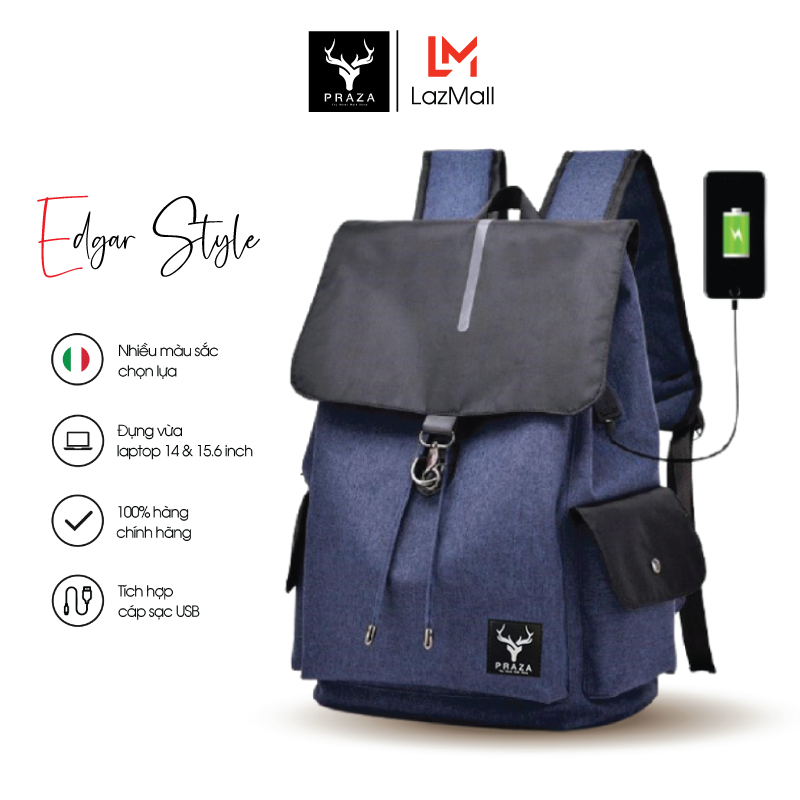 Balo Thời Trang Học Đường, Balo Dây Rút, Balo Laptop Có Cổng Sạc USB PRAZA - BL181