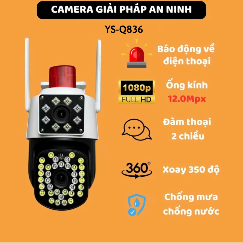 Camera Yoosee 2 mắt Q836 PRO Báo động 8MP, 4K, Ngoài trời 2 ống kính, 2 khung hình xem cùng lúc xoay 360 độ đàm thoại 2 chiều