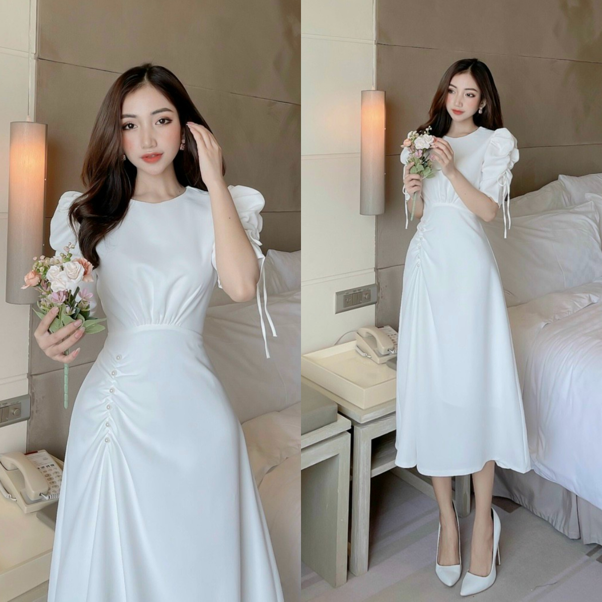 Đầm Dự Tiệc Nhún Eo Đính Ngọc Màu Trắng HNK319