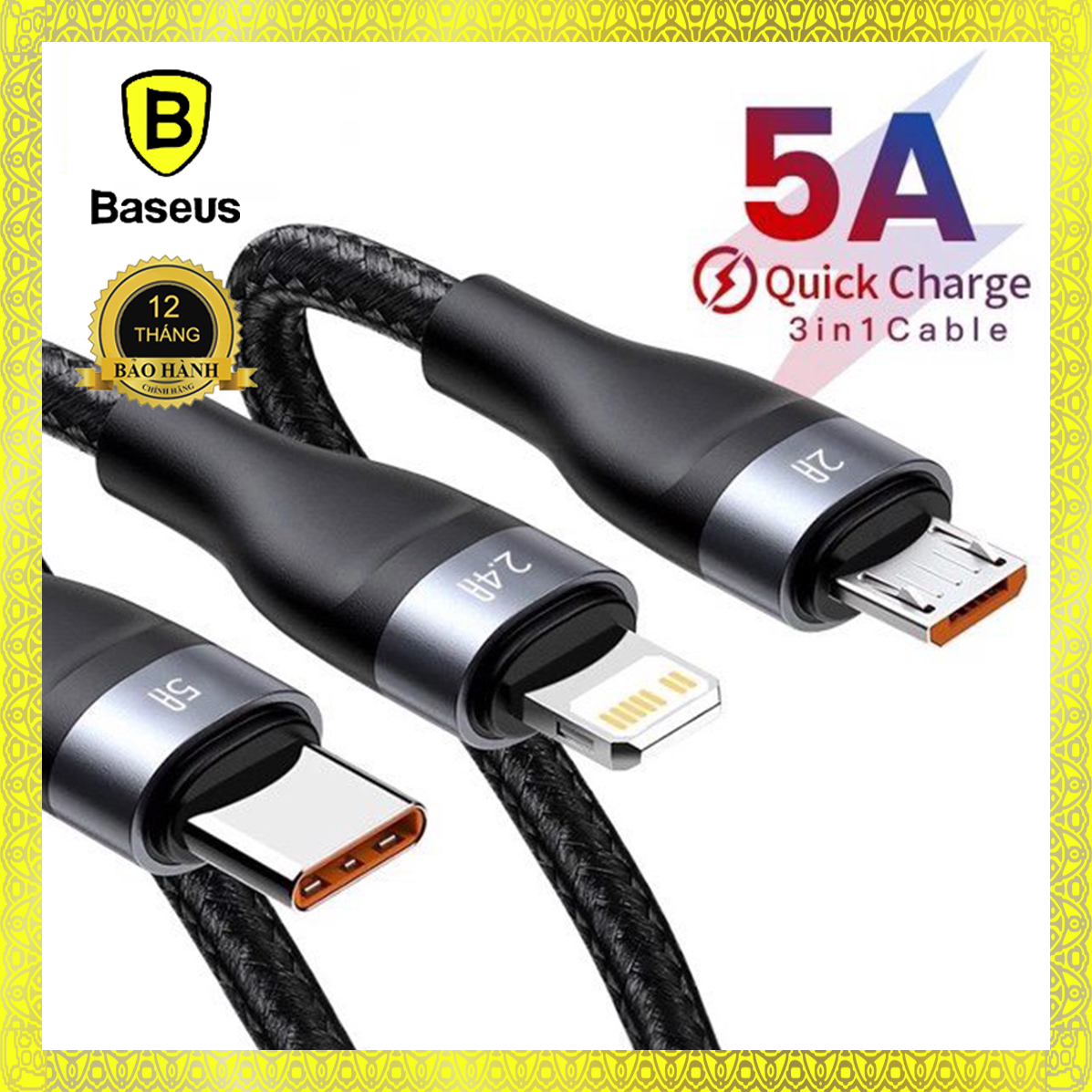 Cáp sạc nhanh 3 đầu Baseus Flash Series 3 in 1 - 40W (USB to Type-C/ Lightning/ Micro, 5A/40W Quick Charging & Data Cable)