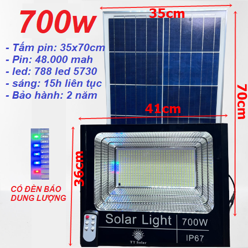 Đèn năng lượng mặt trời Đèn pha năng lượng mặt trời100w 200w 300w 500w 700w có đèn báo dung lượng Chống nước IP 67 BH 2 năm Led Thắng Trang