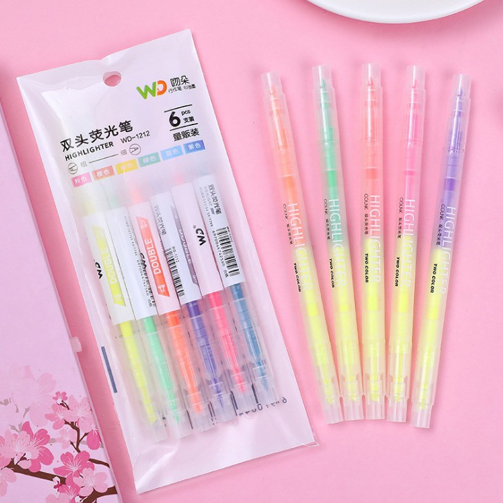 Túi bút dạ 6 màu cy giá sỉ - 2 đầu nhiều màu - siêu rẻ - highlighter - bút highlight chất lượng cao