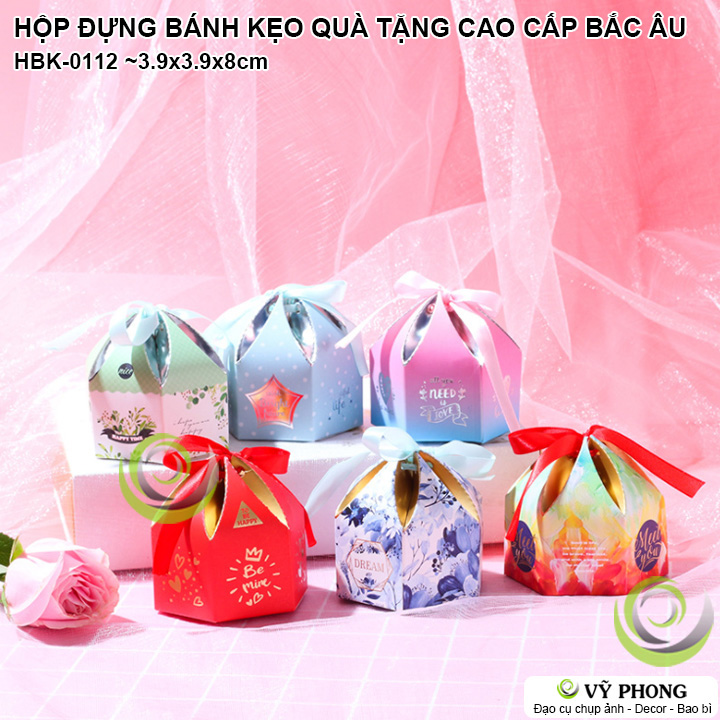 Hộp bánh kiểu 3.9x8cm hình lục giác tặng kèm dây buộc nơ đựng bánh kẹo, quà tặng hbk-0112