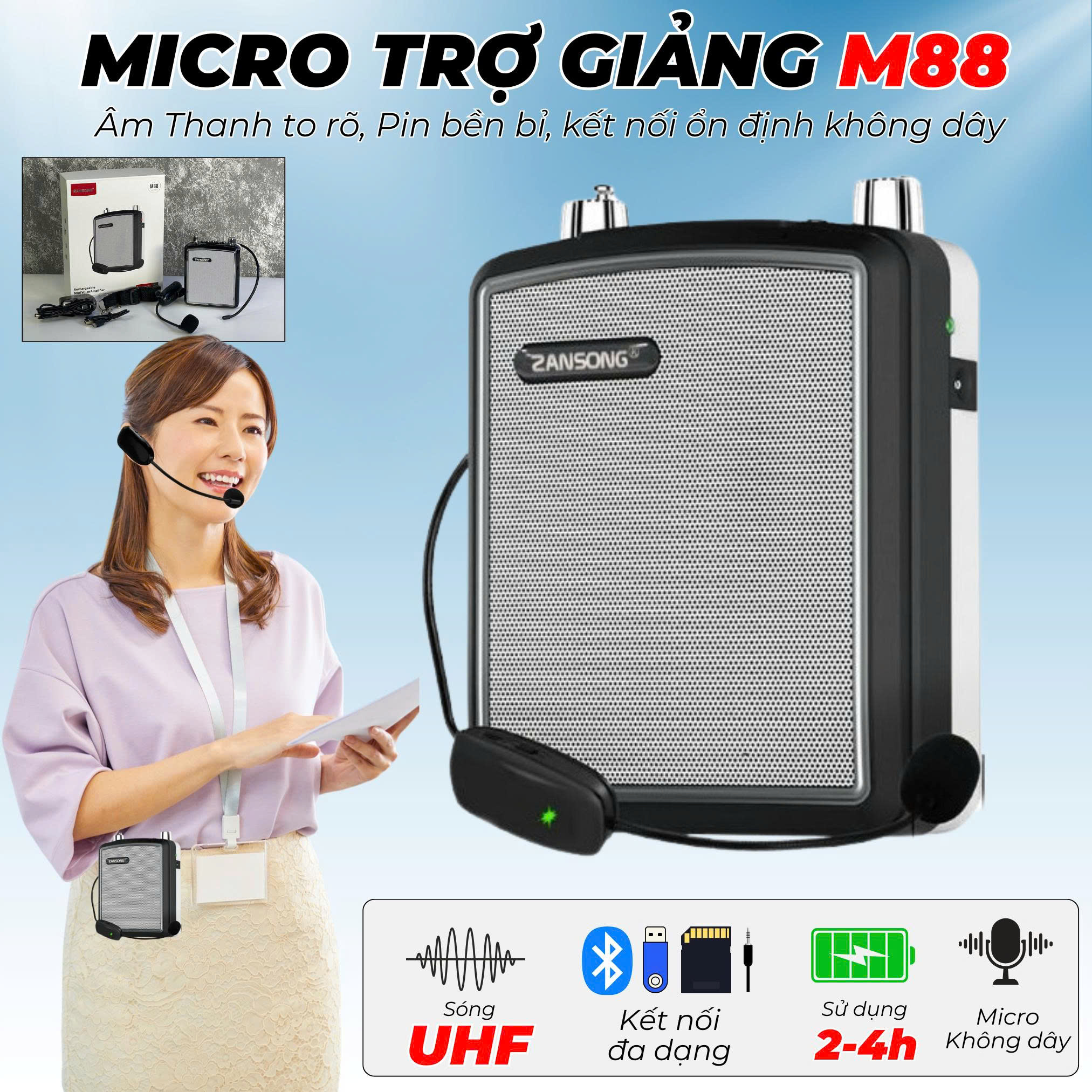 Loa trợ giảng zangsong m88 chính hãng - hỗ trợ tăng cường giọng nói, chuyên dùng cho giảng viên, giáo viên, hd viên âm thanh cực to