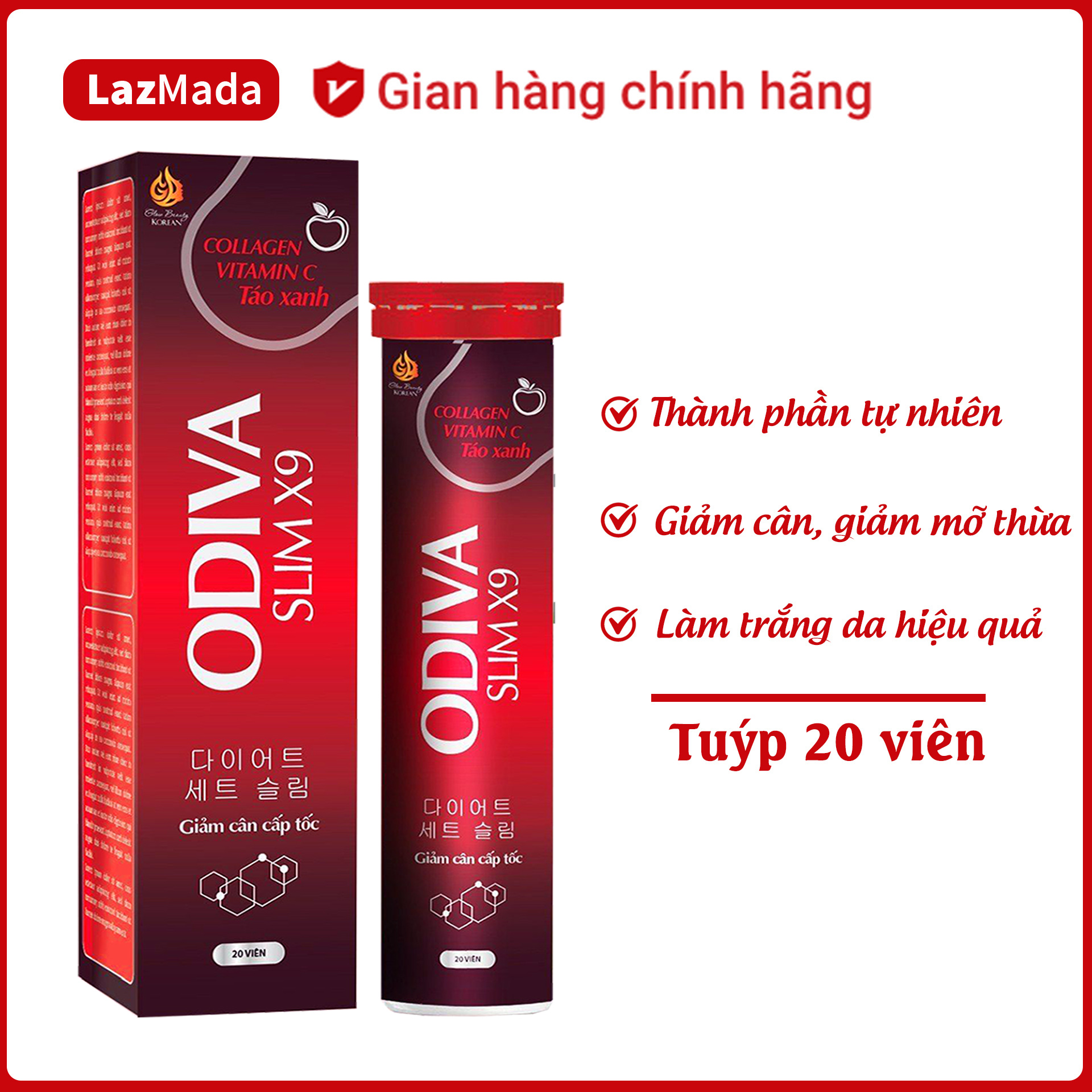 VIên sủi ODIVA Slim X9   lựu đỏ lá sen - Tuýp 20 viên-  giúp giảm béo, giảm cân, đẹp da - Hàng chính hãng
