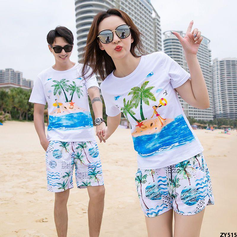 2023 Tân Cương Cotton Beach Beach Bộ Đồ Du Lịch Ngắn Tay Cặp Đôi Trang