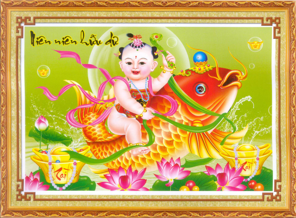 Tranh thêu chữ thập 3d tiên đồng cưỡi cá chép 222847 kt:75x53cm