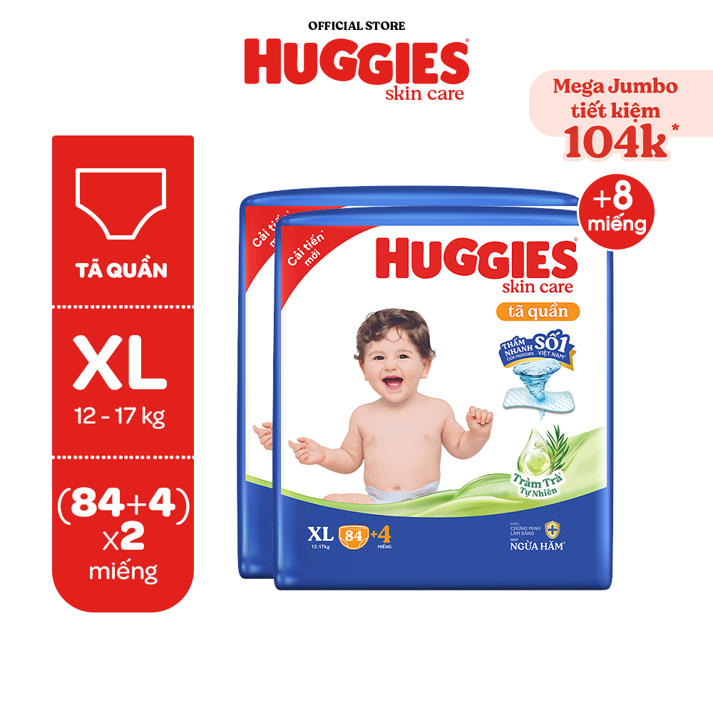 Combo 2 gói Tã/ bỉm quần Huggies Skincare Mega Jumbo M106/L100+4/XL84+4/XXL76+4 với tràm trà dịu da