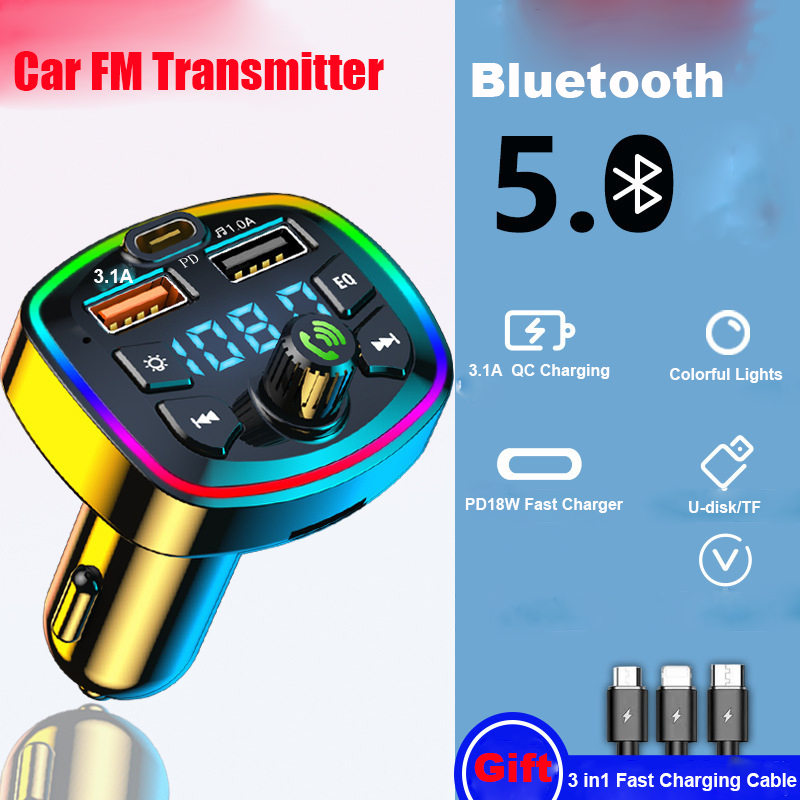 Xe Bluetooth 5.0 Sạc FM Transmitter 4.1A Kép USB Phí Xe Hơi Pd 18W Loại C Môi Trường Xung Quanh Ánh Sáng Lá Nhẹ Hơn MP3 Âm Nhạc Máy Nghe Nhạc