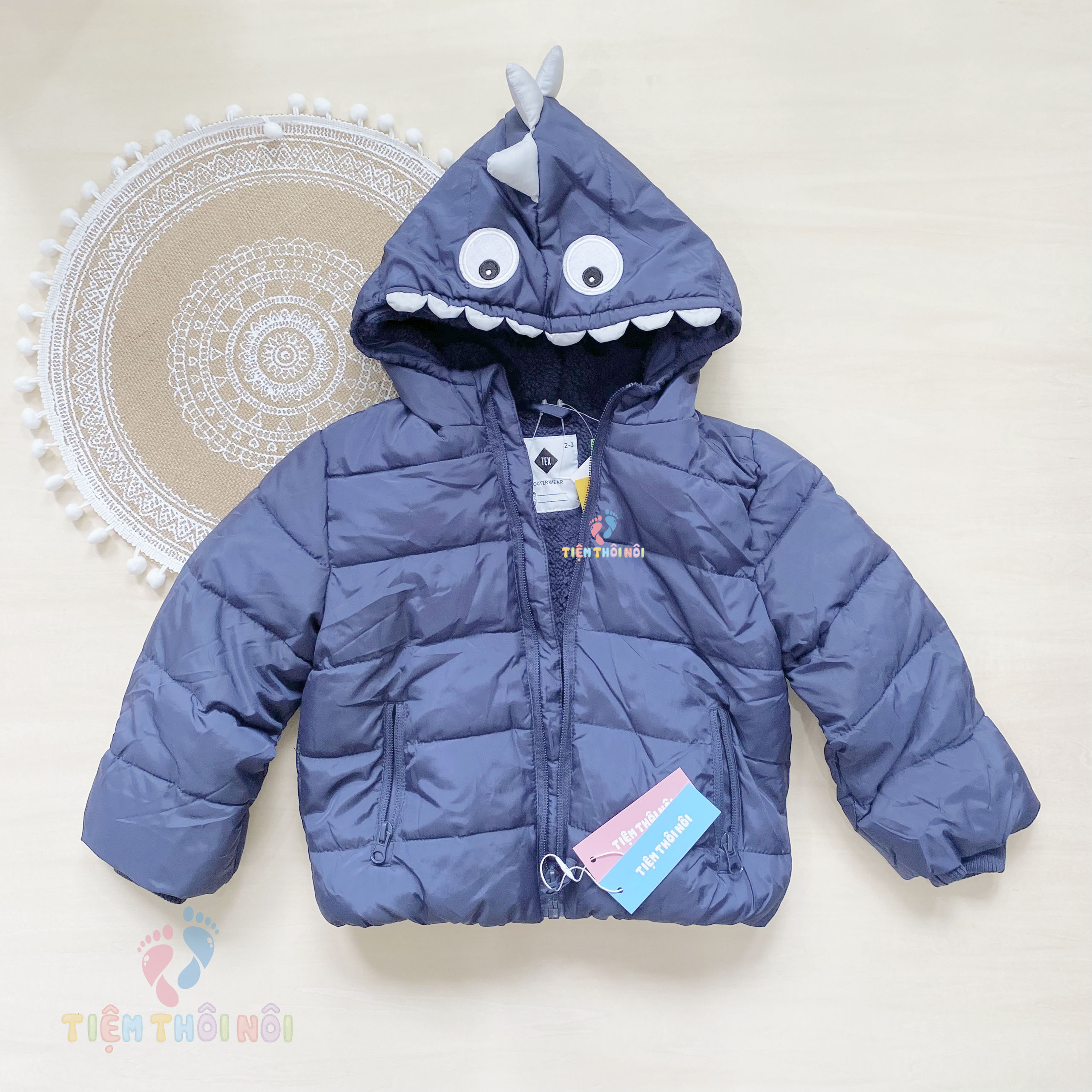 Áo phao tex dư xịn lót lông phao mềm mũ khủng long cho bé trai