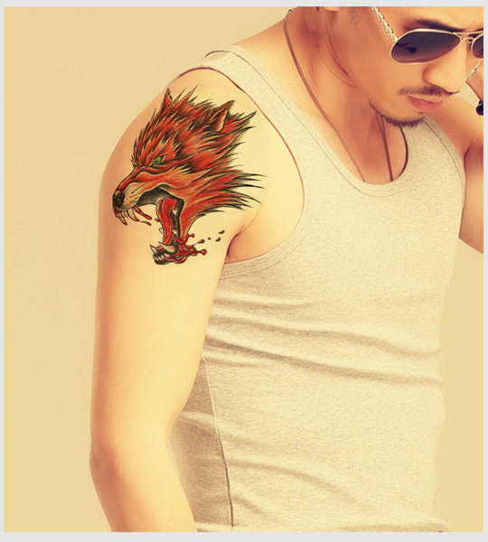 HÌNH XĂM DÁN NAM ĐẦU SÓI MÁU KÍCH THƯỚC 15 x 21 CM, 100% NHƯ XĂM THẬT