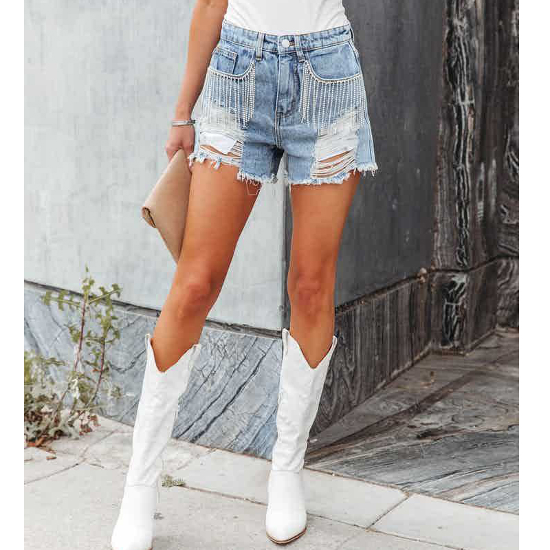 Quần Bò Nữ rách quần ống đứng sờn cạp cao Tua Rua Dây Xích Skinny Y2K Quần ngắn nữ đường phố thời trang 2023