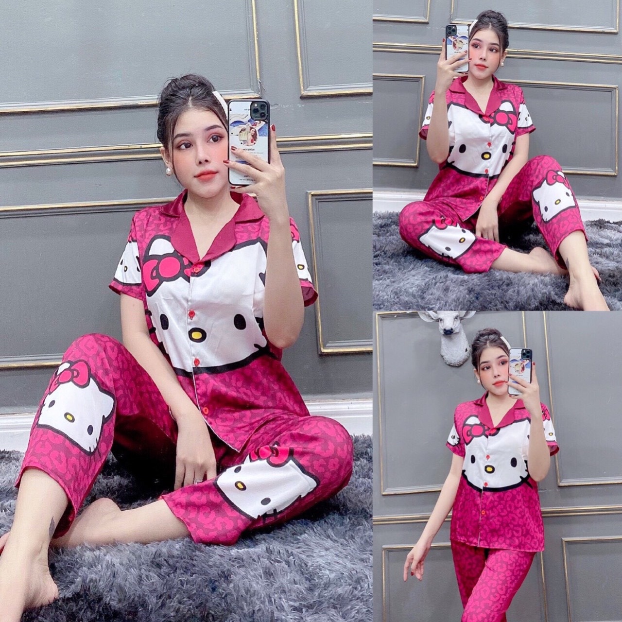 Bộ ngủ lụa làm từ vải lụa pyjamas nữ quần ngắn tay ngắn phù hợp với viền ren ngắn tay bộ hàn quốc đầm phi lụa hai dây nữ pyjamas mtb024