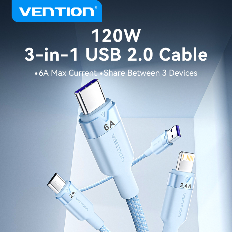 Vention 3 trong 1 cáp USB Một Nam để Loại C nhanh micro cho iPhone 15 14 13 12 11 Pro Max Samsung S24 23 siêu Xiaomi Huawei Mate 60 3 trong 1 dây sạc