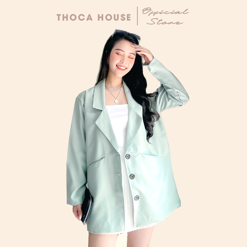 Áo blazer nữ khoác vest 2 lớp dáng dài kiểu túi mổ đen, xanh, nude THOCA HOUSE dễ phối đồ, trẻ trung, hiện đại