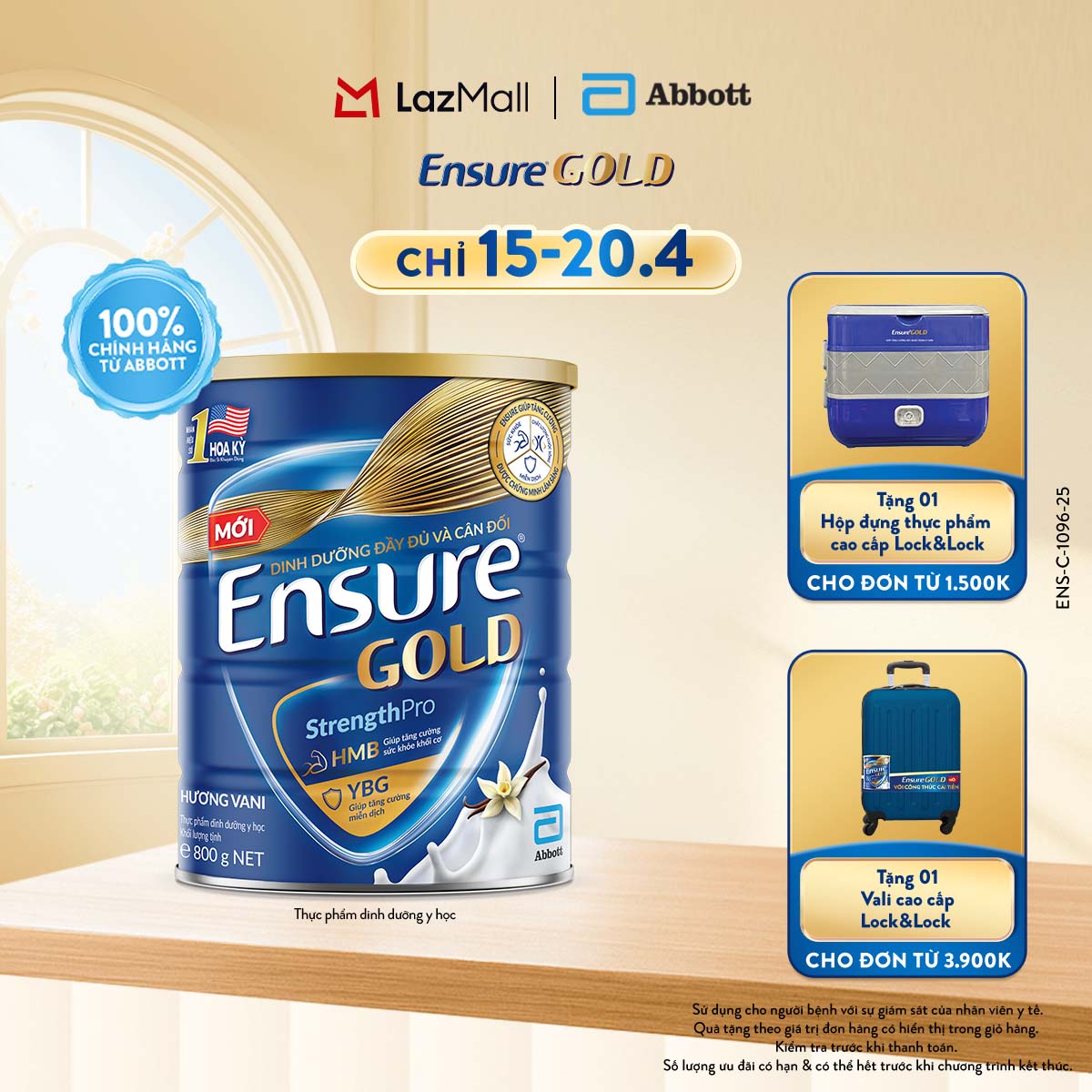 [CHỈ 15-20.04 QUÀ TẶNG CHO ĐH 1500K-SLCH] Lon sữa bột Ensure Gold hương Vani 800g