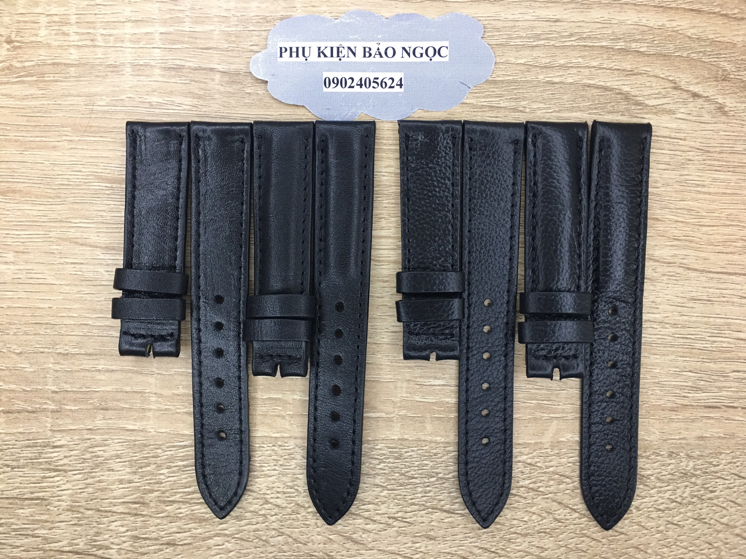 Dây đồng hồ da bò thật nam nữ màu đen trơn vân đủ size 10-12-14-16-18-20-22mm