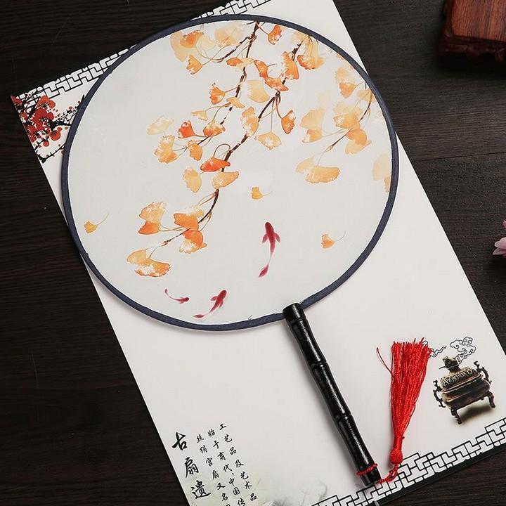 Quạt tròn cổ trang dây tuyến vải lụa in hoa quà tặng xinh xắn thiết kế phong cách cổ trang trung Quốc