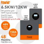 PowMr 6.5KW/12KW Biến tần năng lượng mặt trời lai 500Vdc hỗ trợ pin 48V Lifepo4 có thể song song lên đến 9 thiết bị Bộ điều khiển sạc năng lượng mặt trời 150A MPPT tích hợp