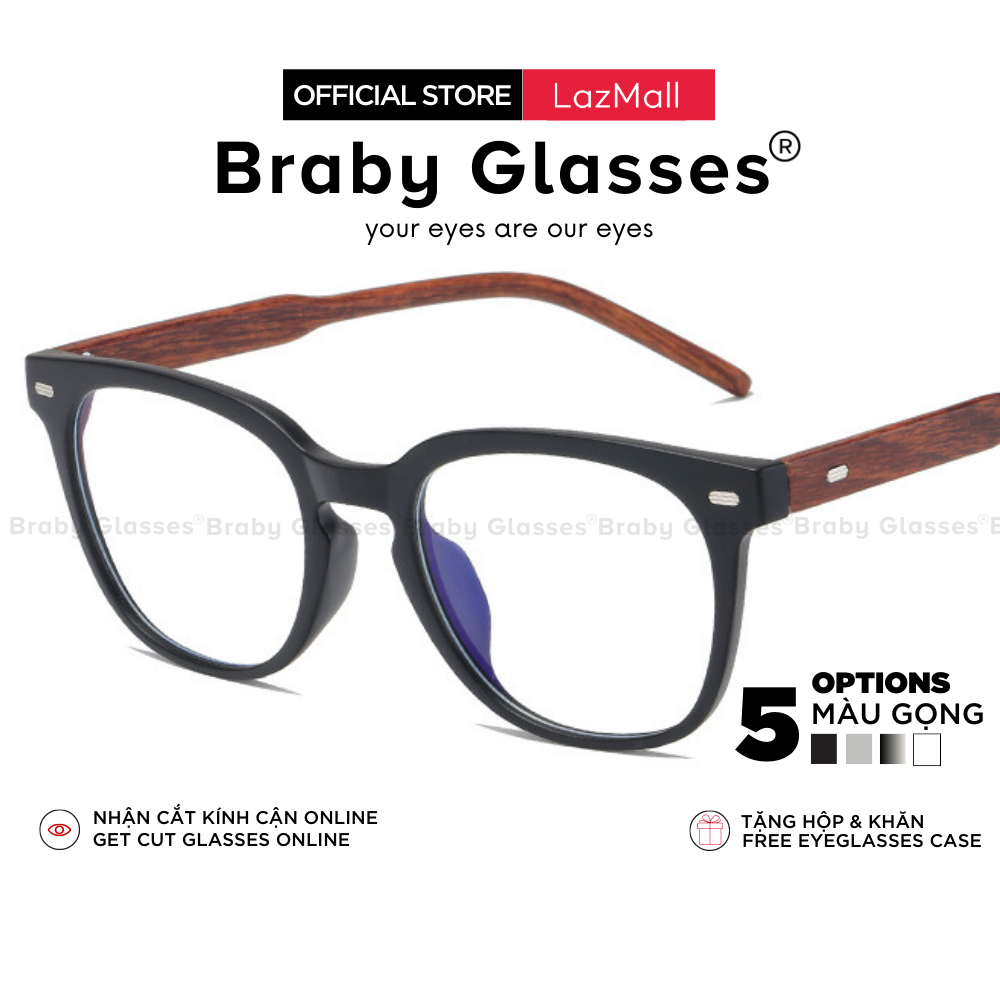 Gọng kính cận nam nữ unisex braby mắt kính vuông gọng vân gỗ thời trang độc đáo mk08