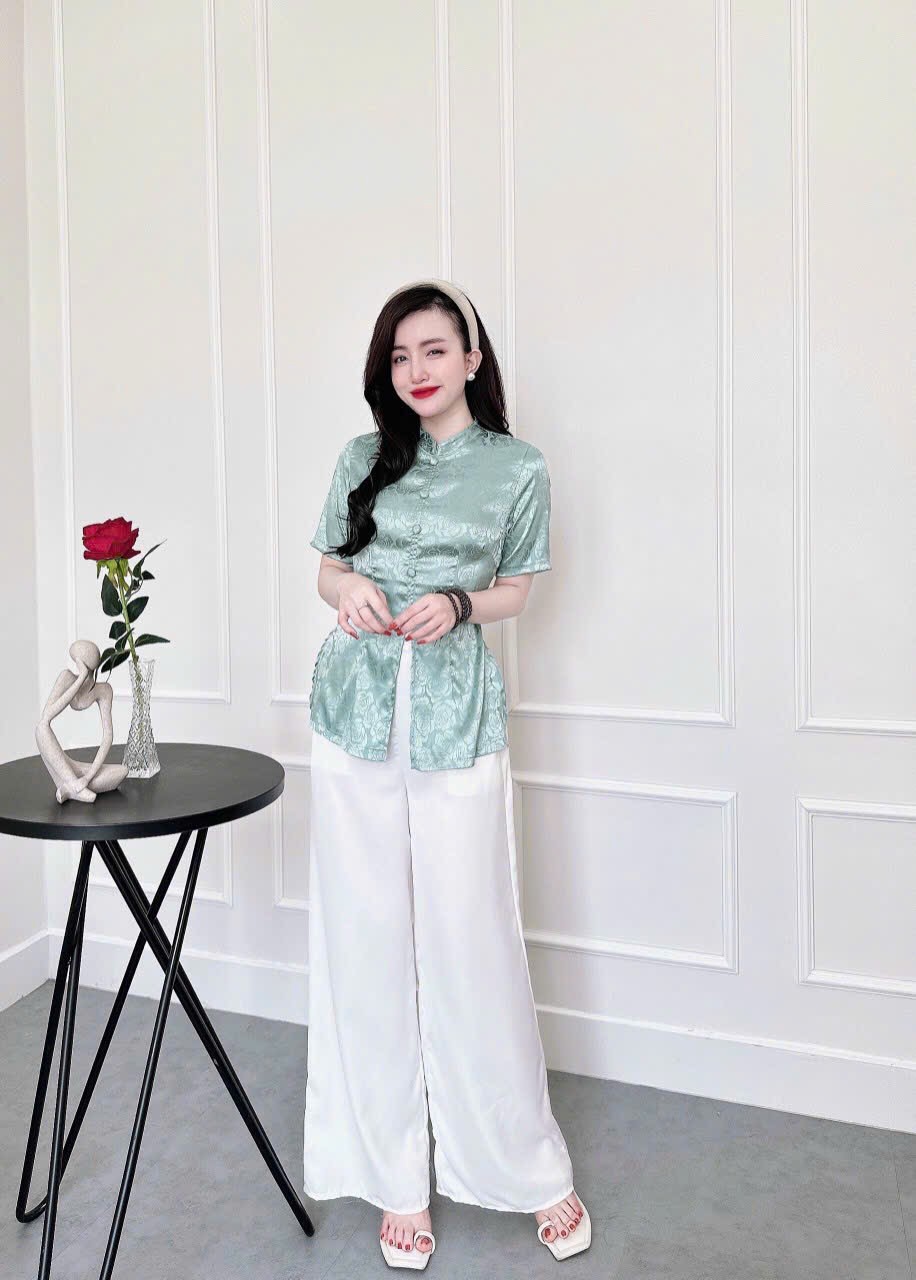 Sét lam đi chùa áo cổ đứng cúc bọc tay lỡ kèm quần lụa, sét bộ bà ba