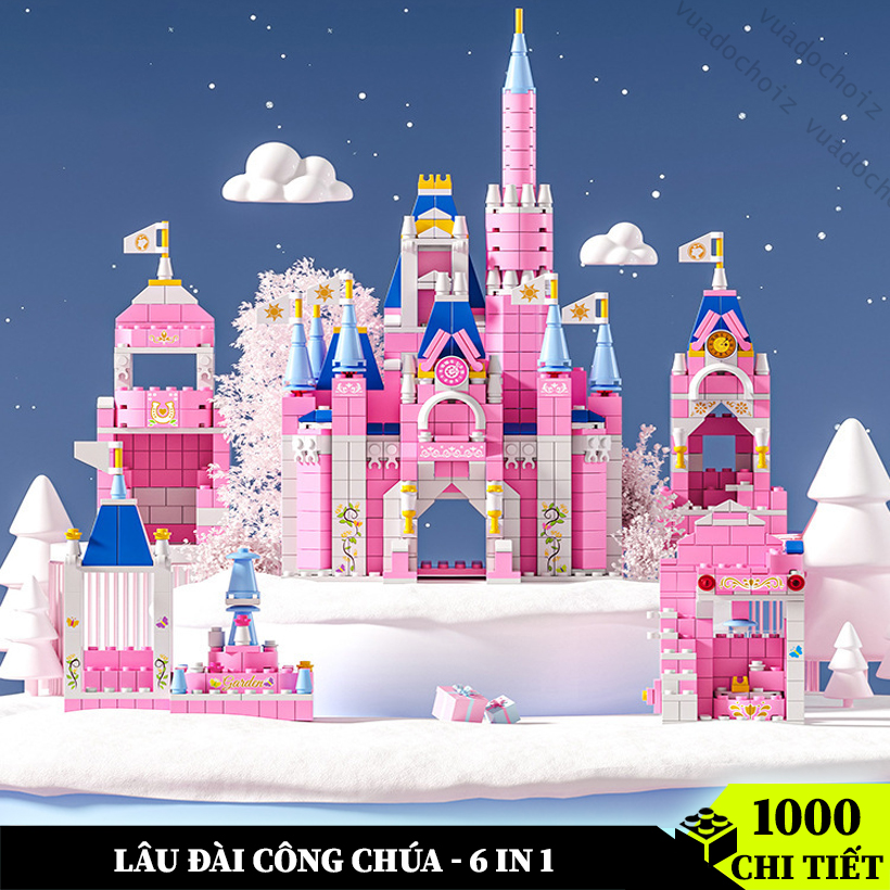 Bộ đồ chơi lắp ráp lâu đài công chúa 1000 chi tiết, đồ chơi xếp hình lâu đài Elsa 6 trong 1 đồ chơi cho bé