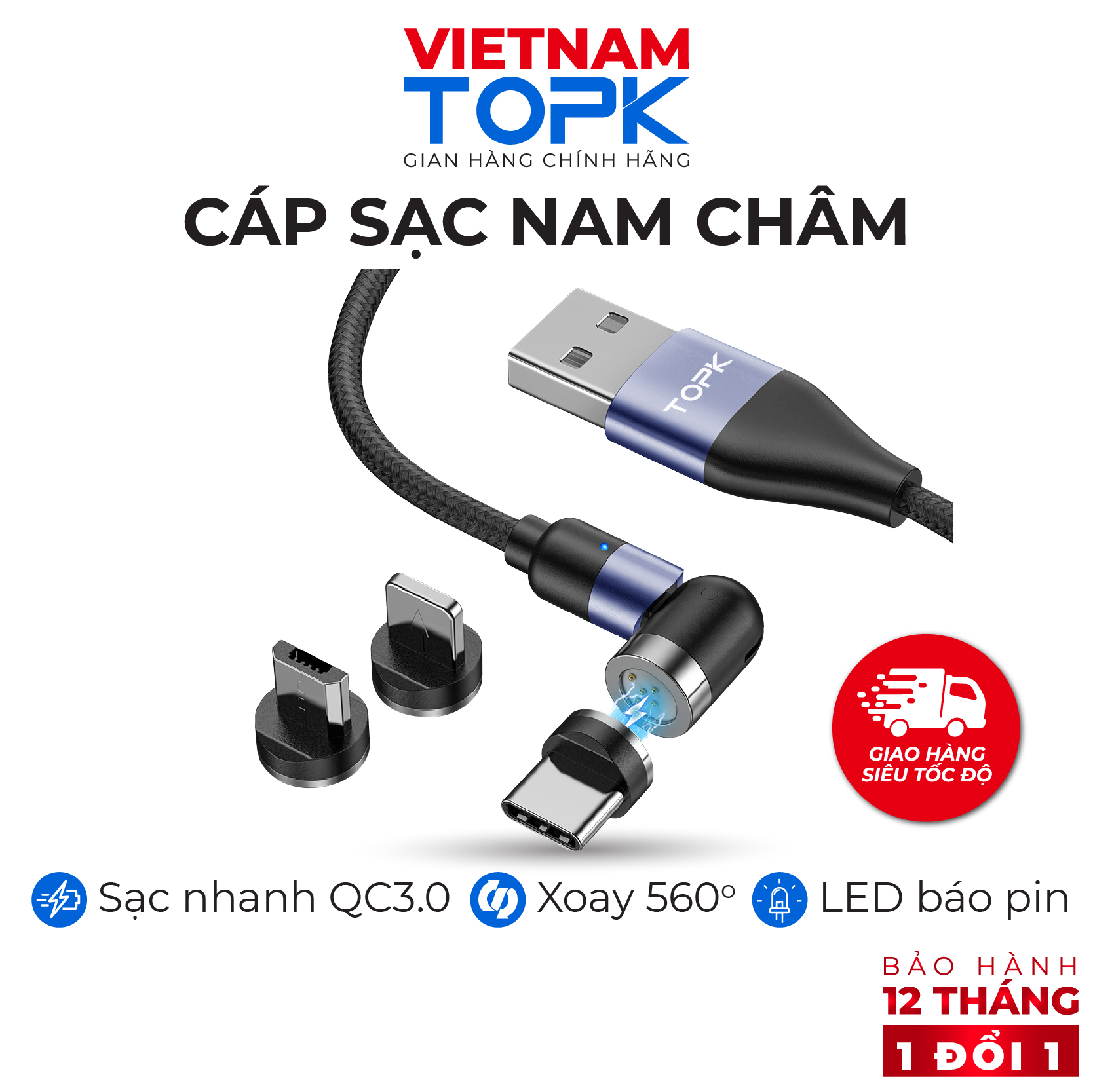 Dây sạc nam châm iPhone Type-C Micro USB TOPK AM66 - Sạc nhanh QC 3.0 - Hàng chính hãng - Bảo hành 12 tháng