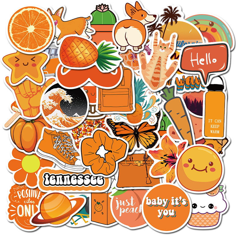 50Pcs Cartoon Orange Waterproof Sticker Skateboarding Snowboard Retro Vinyl Sticker Graffiti Notebook Sticker