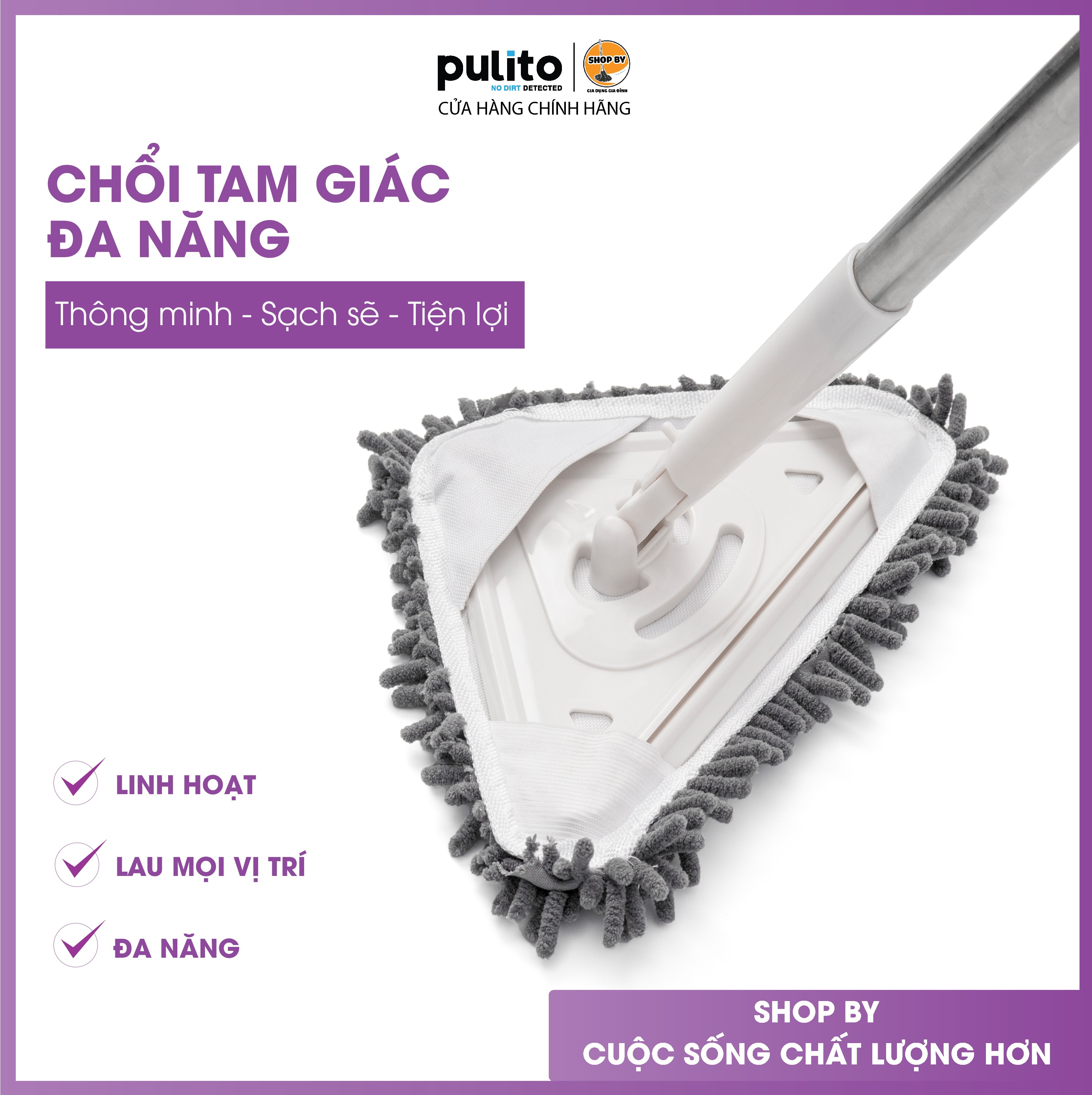 Chổi lau nhà đa năng chính hãng Pulito dài tối đa 1m9 bề mặt tam giác dễ dàng lau mọi thứ có 2 loại bông lau đi kèm LS-CLN-CTG