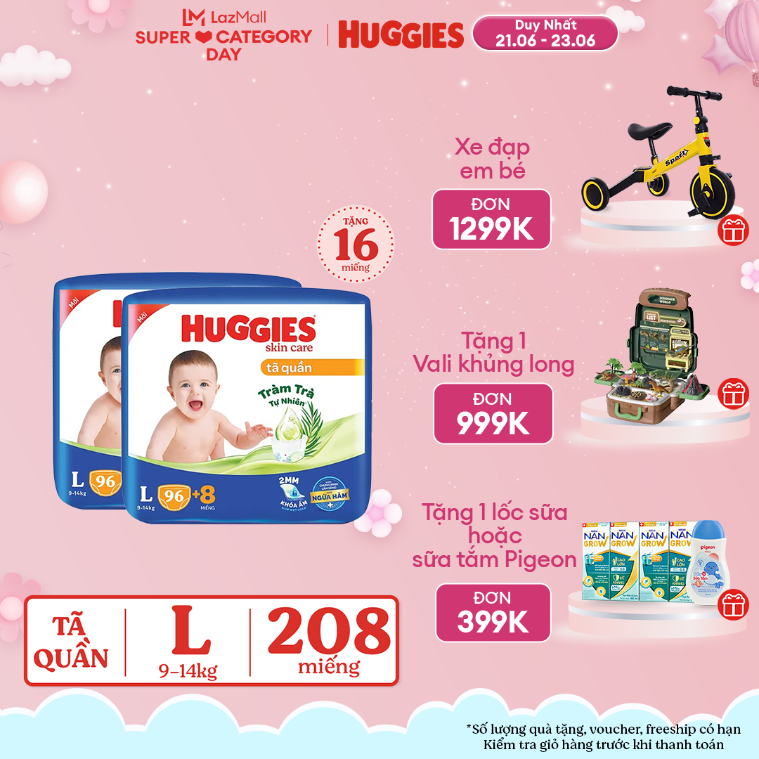 [CHỈ 21.6-24.6 GIẢM THÊM ĐẾN 130K] Combo 2 Gói Tã/bỉm quần HUGGIES SKINCARE MEGA JUMBO size L96+8 miếng