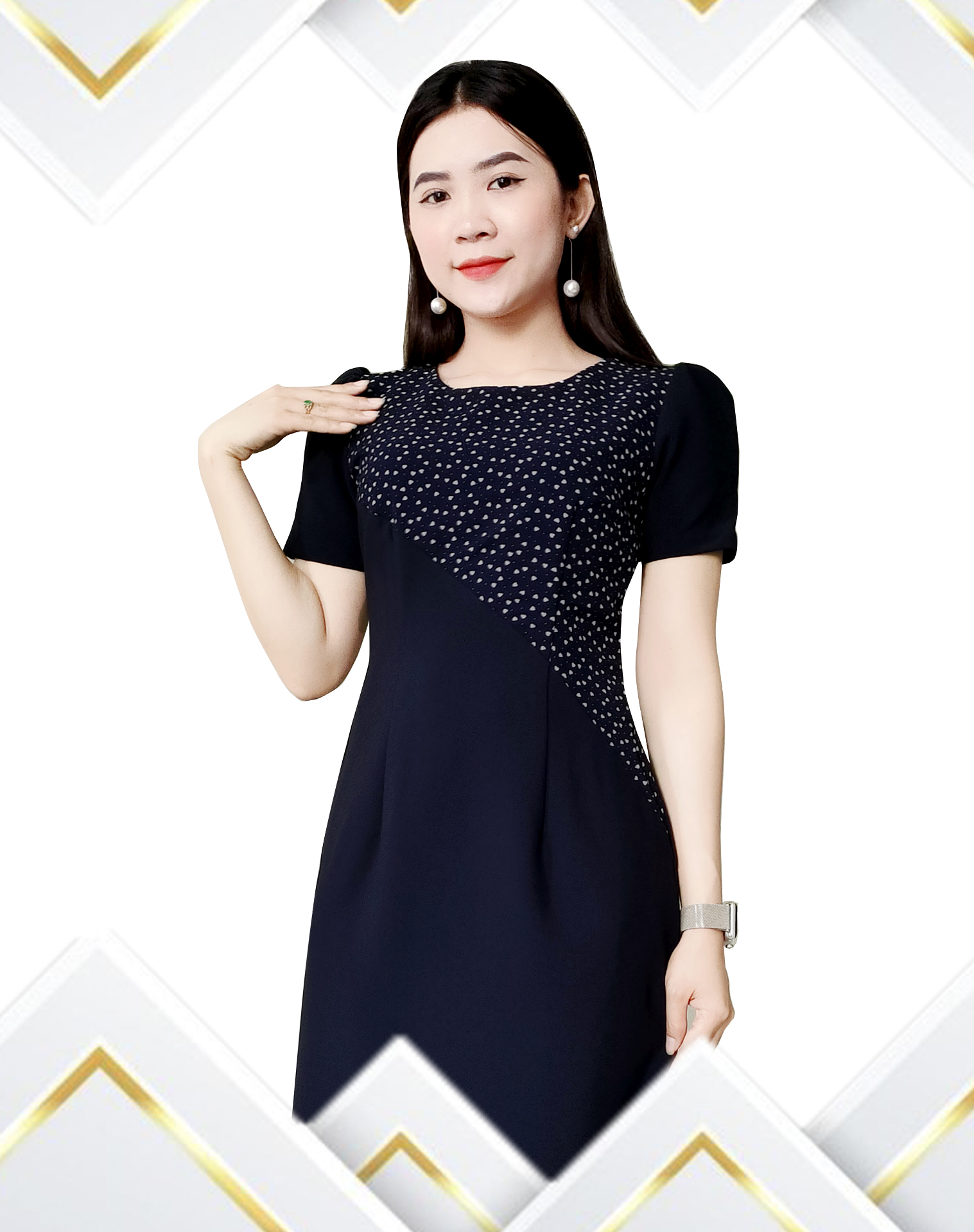 Đầm suông phối voan bi cách điệu dl783