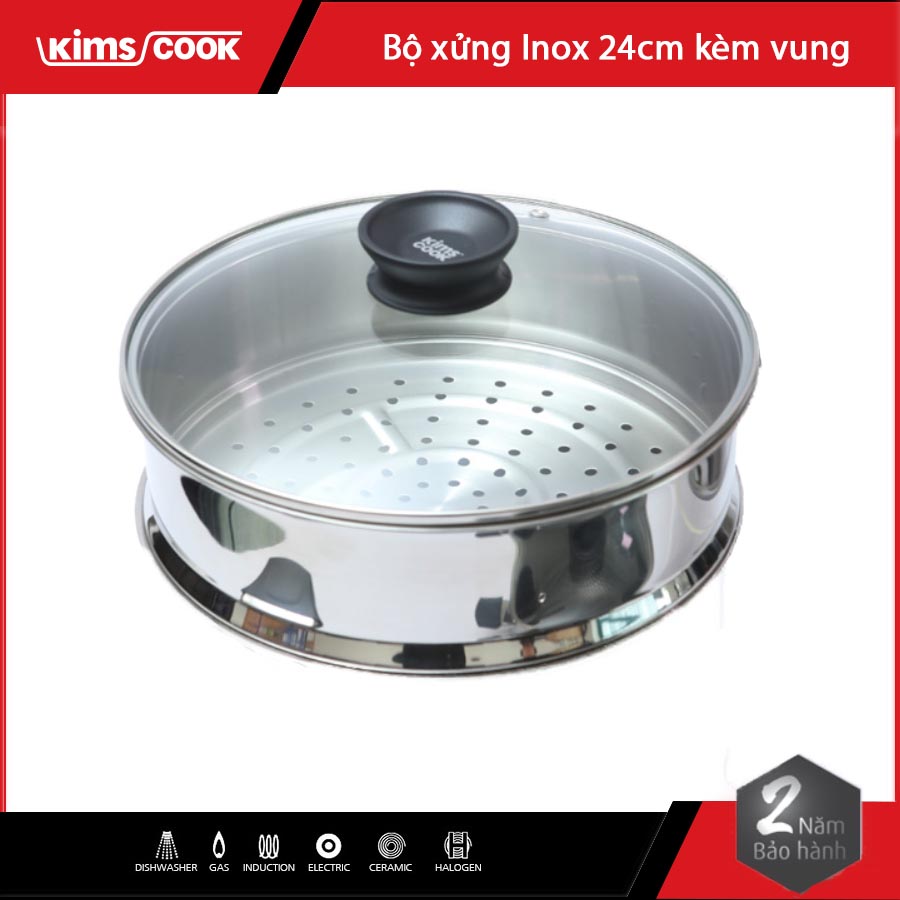 Xửng hấp Inox 304 Kims Cook Hàn quốc size 24, kèm vung kính cao cấp - Hàng chính hãng , bảo hành 24 tháng