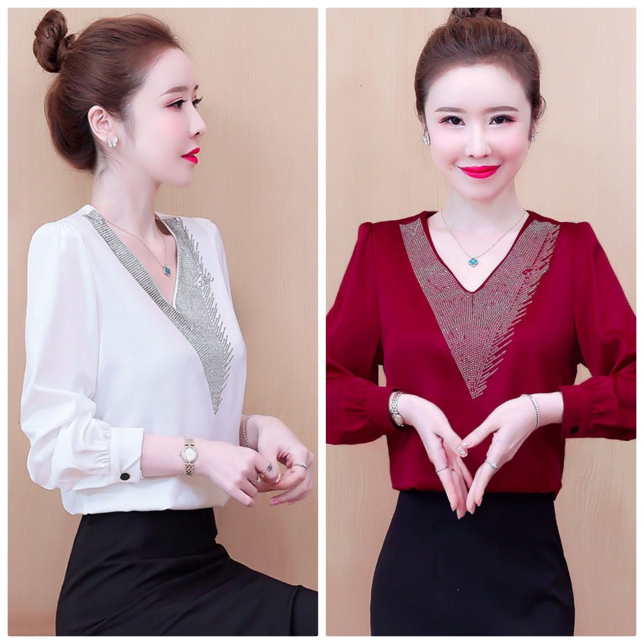 Áo sơ mi công sở cổ v phối cườm - st3343