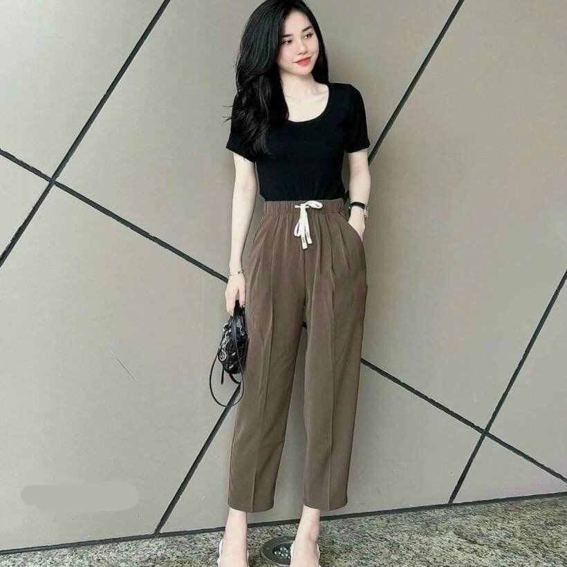 Quần baggy nữ cạp thun chun dây rút lưng cao dáng dài chất vải Ruby mẫu mới Quần vải nữ cạp cao bigsize tây đen công sở