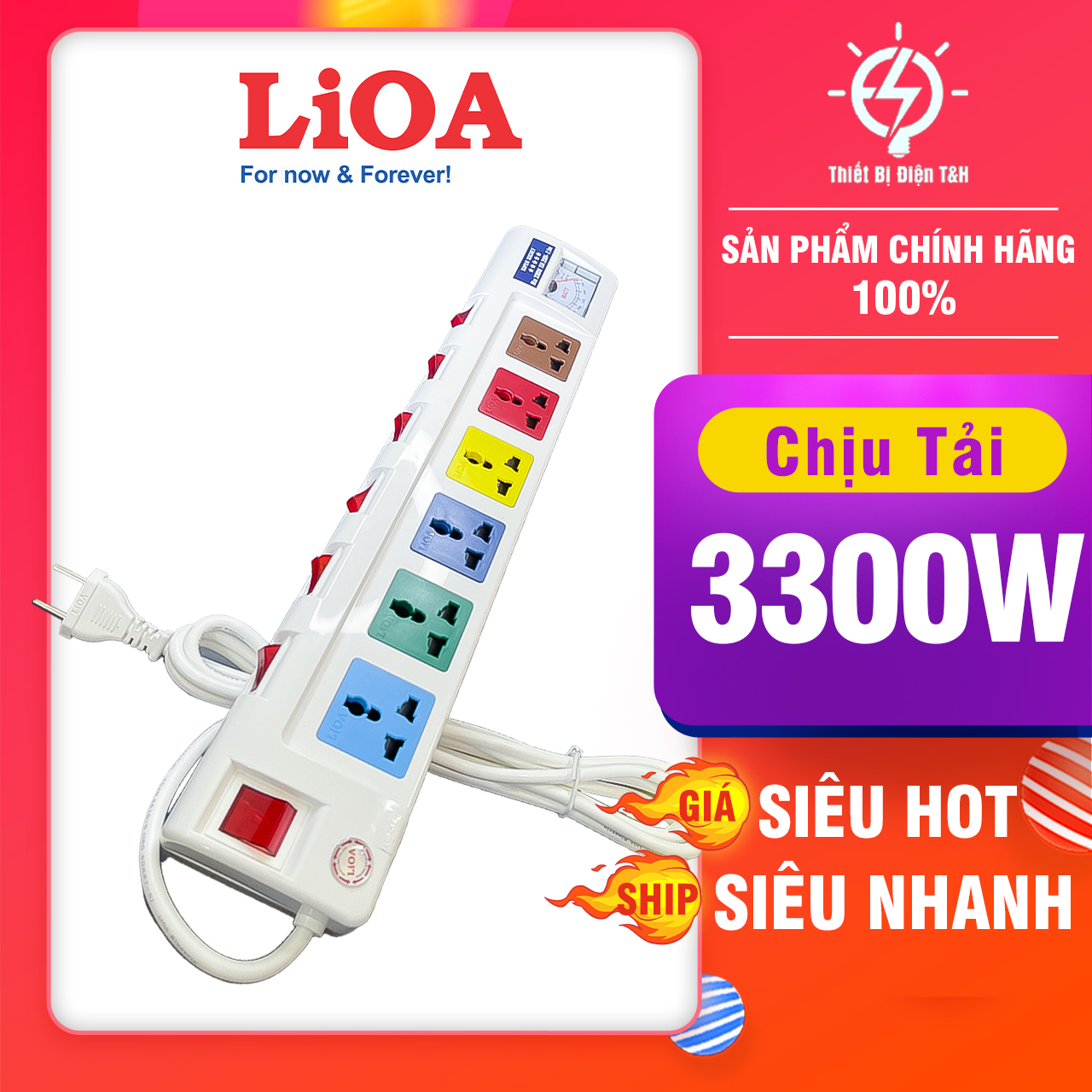 Ổ cắm điện công suất lớn, ổ cắm chịu tải, đa năng, đo công suất, cao cấp, lioa, 6 ổ cắm, 7 công tắc, 6ofssa2.5-2