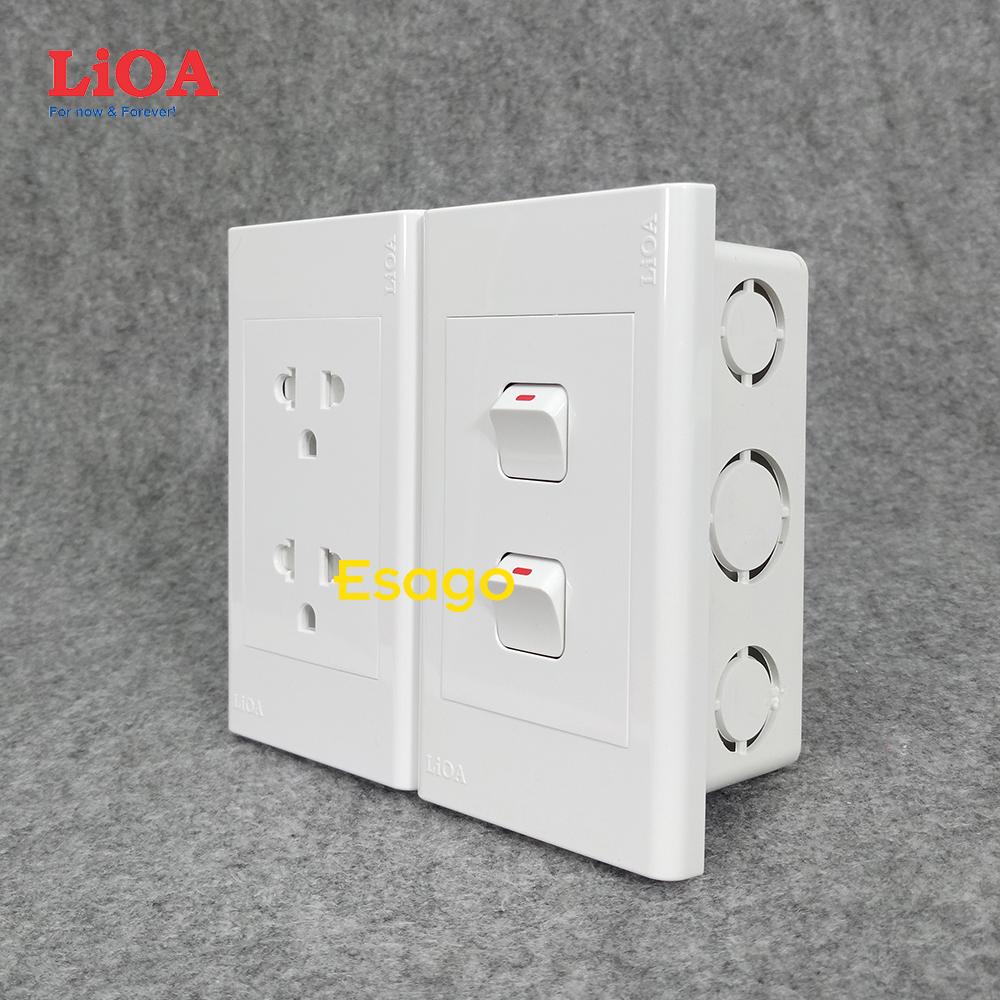 [HCM]Combo ổ cắm điện đôi 3 chấu 16A (3520W) + 2 công tắc điện LiOA - Lắp âm tường
