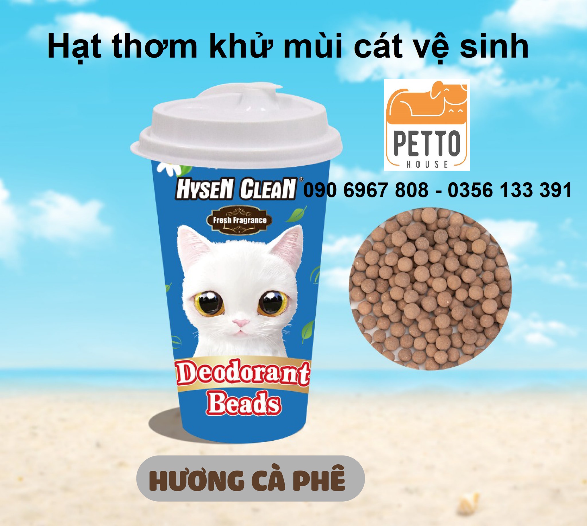 Hysen clean Deodorant Beads Coffee fragrant 450ml hạt thơm mùi cà phê khử mùi hôi và khử khuẩn cát vệ sinh cho mèo