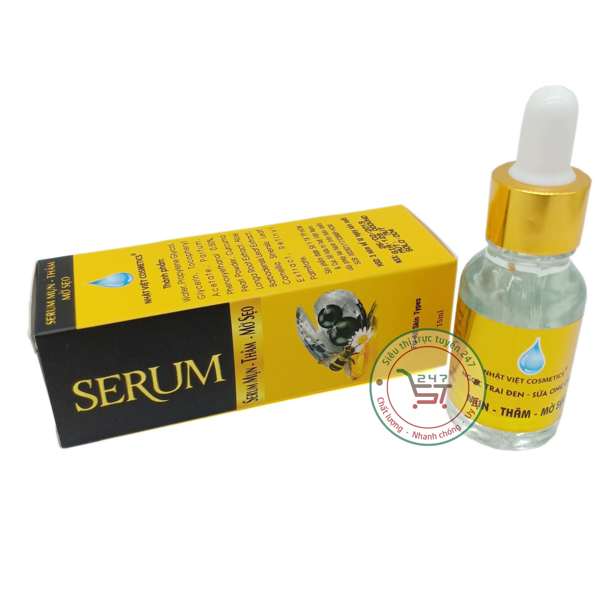Serum Mụn Trắng da Mờ sẹo Thâm Ngọc Trai Đen Sữa ong chúa Nhật Việt 15ml (Vàng-Đen)