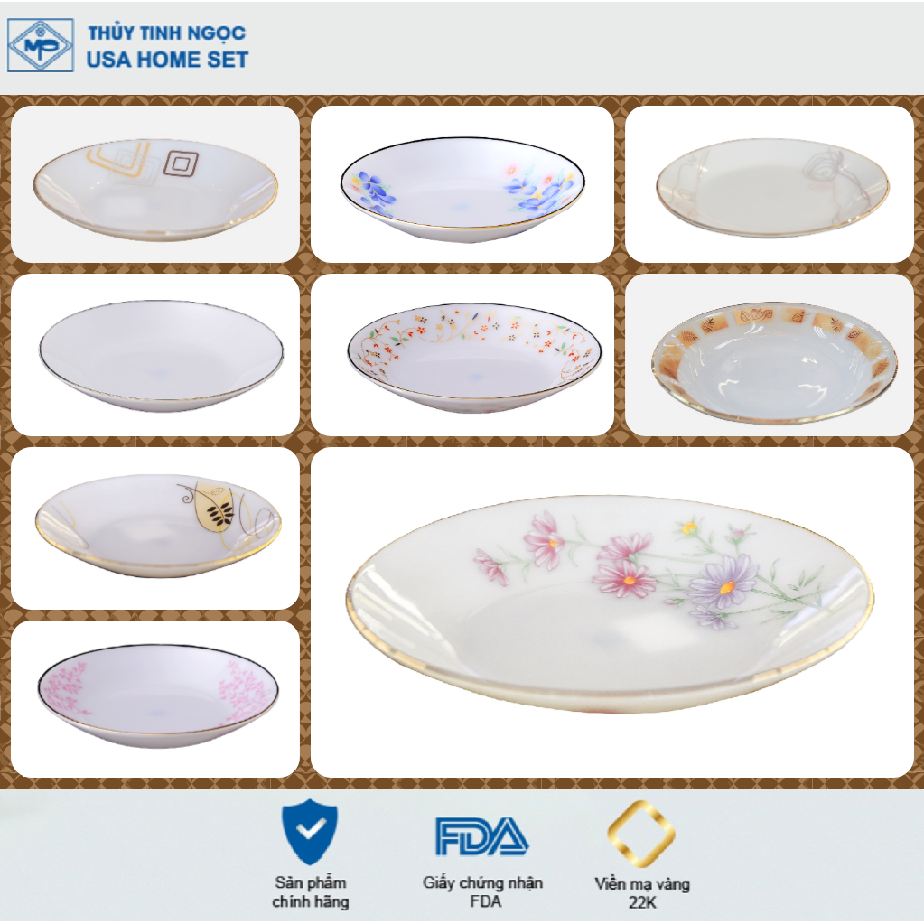 Đĩa tròn sâu đủ size các mẫu hoa văn viền vàng 22K Thủy Tinh Ngọc USA Home Set cao cấp bền đẹp, hàng nhập khẩu và phân phối độc quyền tại Việt Nam