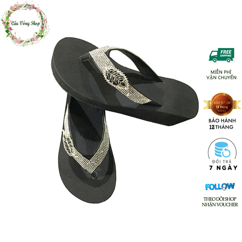 Dép kẹp đính đá chiếc lá màu đen cao 5cm - Bảo hành 12 tháng - Dép nữ  - Dép xỏ ngón nữ
