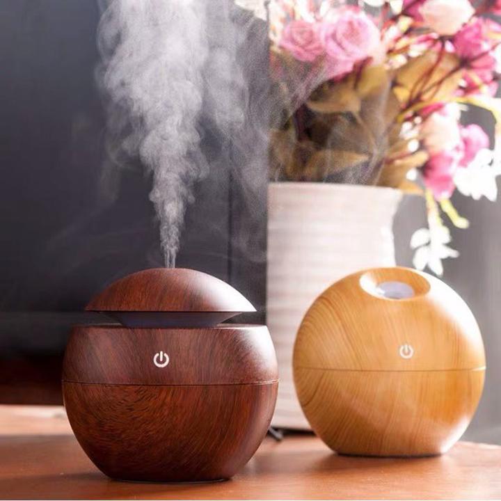 Máy xông tinh dầu bằng gỗ phun sương tạo ẩm hình tròn, máy xông khuếch tán tinh dầu