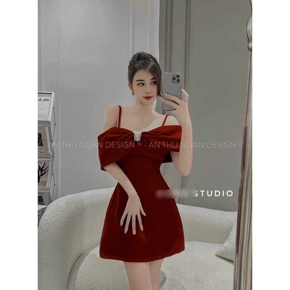 Đầm nhung đỏ dự tiệc nữ đầm trễ vai phối nơ dáng xòe ảnh thật cuối lyie no1